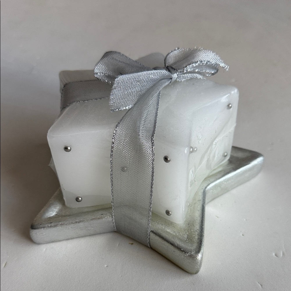 Star-Shaped White Candle on Silver tray with Silver Ribbon